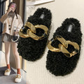 Fur Sandals Autumn Women Furry Wool Mule Slippers With Metal Chain